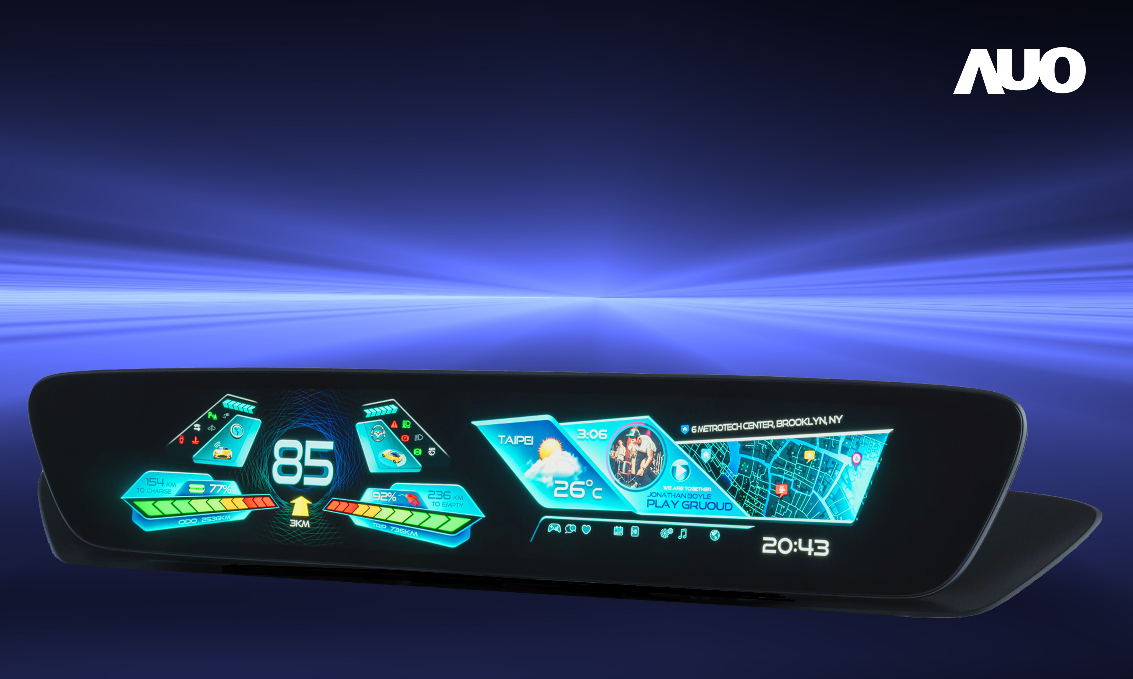 友達30.4吋異形曲面AmLED車載顯示系統，為一兼具儀表板及中控台人機介面的創新車載顯示系統，結合美學設計，提升車內科技沉浸感及使用體驗，讓車載顯示的未來應用更加多元化