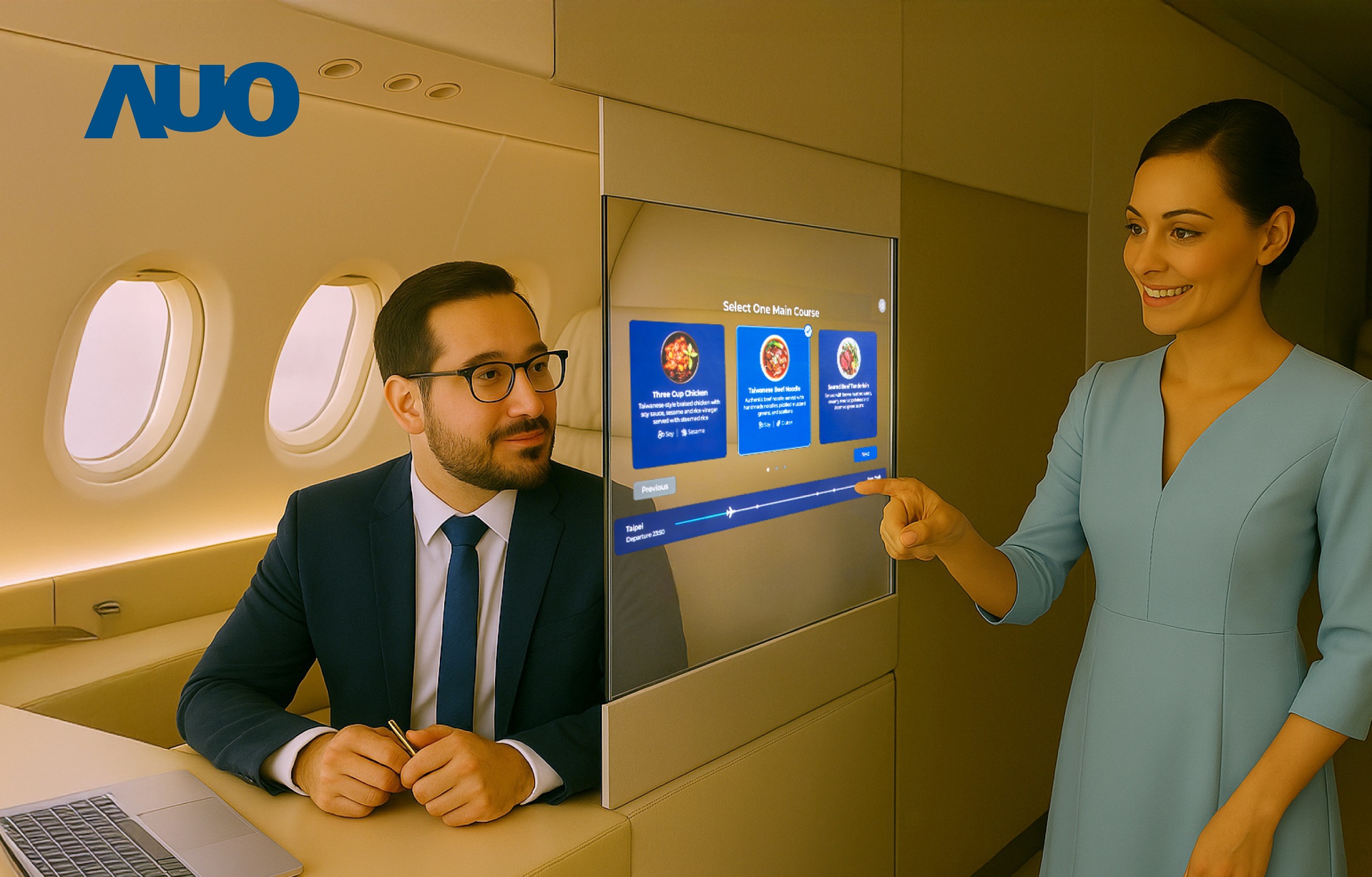 jinnian金年会研发全球最薄17.3 吋双面透明 Micro LED 显示器，可在同一屏幕之双边投射不同信息，创造独特的&rdquo;透明化&rdquo;互动；图为实时翻译交流应用情境