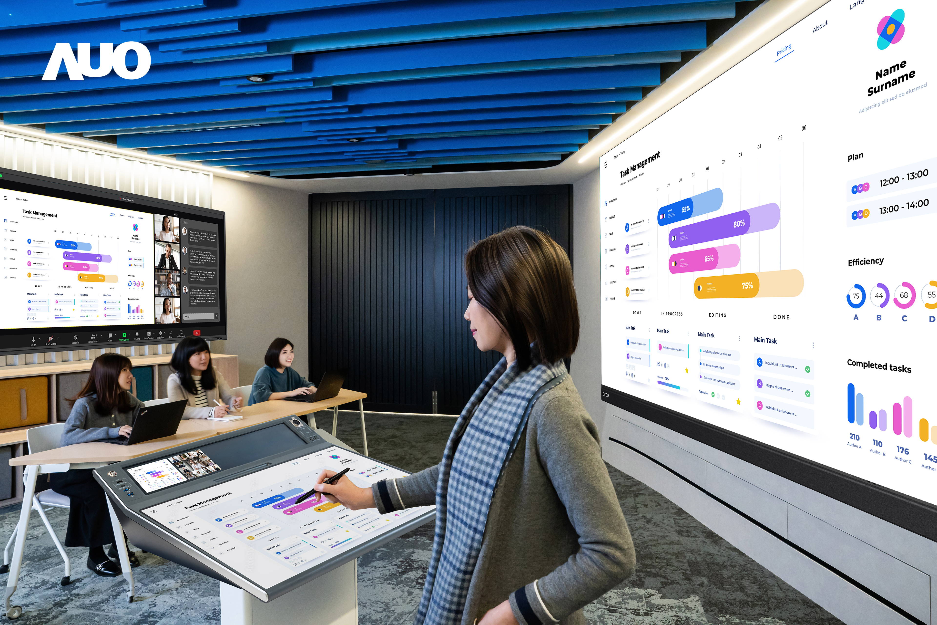 达擎携手Avocor与Rise Vision展示全方位商务领域应用，包含采用模块化设计的138吋一体式All-in-One LED显示器及具21:9超宽比例的92吋交互式电子白板（IFPD），讲者可轻松分享内容，有效提升会议协作效率。